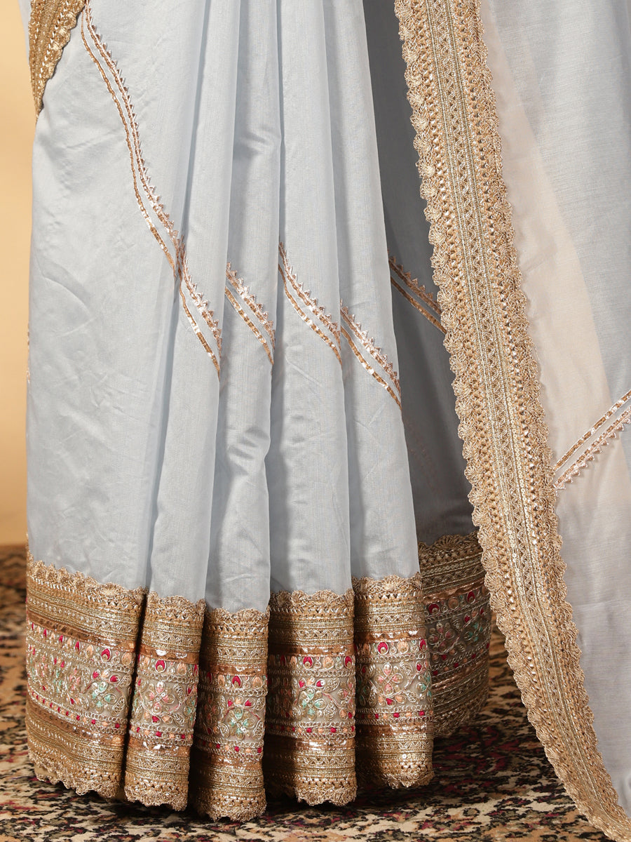 Powder Blue Chandheri Heritage Gota Work Saree With Designer Embroidered Lace Work, in Blue Chandheri (view 5).