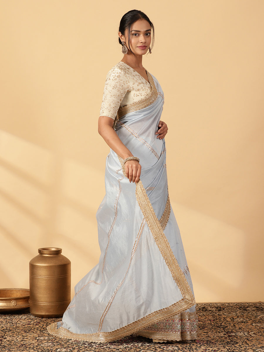Powder Blue Chandheri Heritage Gota Work Saree With Designer Embroidered Lace Work, in Blue Chandheri (view 7).