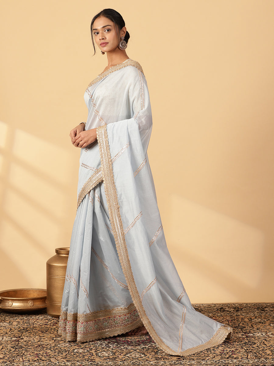 Powder Blue Chandheri Heritage Gota Work Saree With Designer Embroidered Lace Work, in Blue Chandheri (view 8).