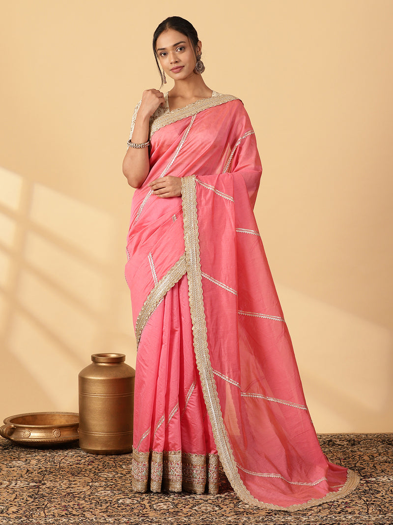 Rose Pink Chandheri Heritage Gota Work Saree With Designer Embroidered Lace Work-Binks