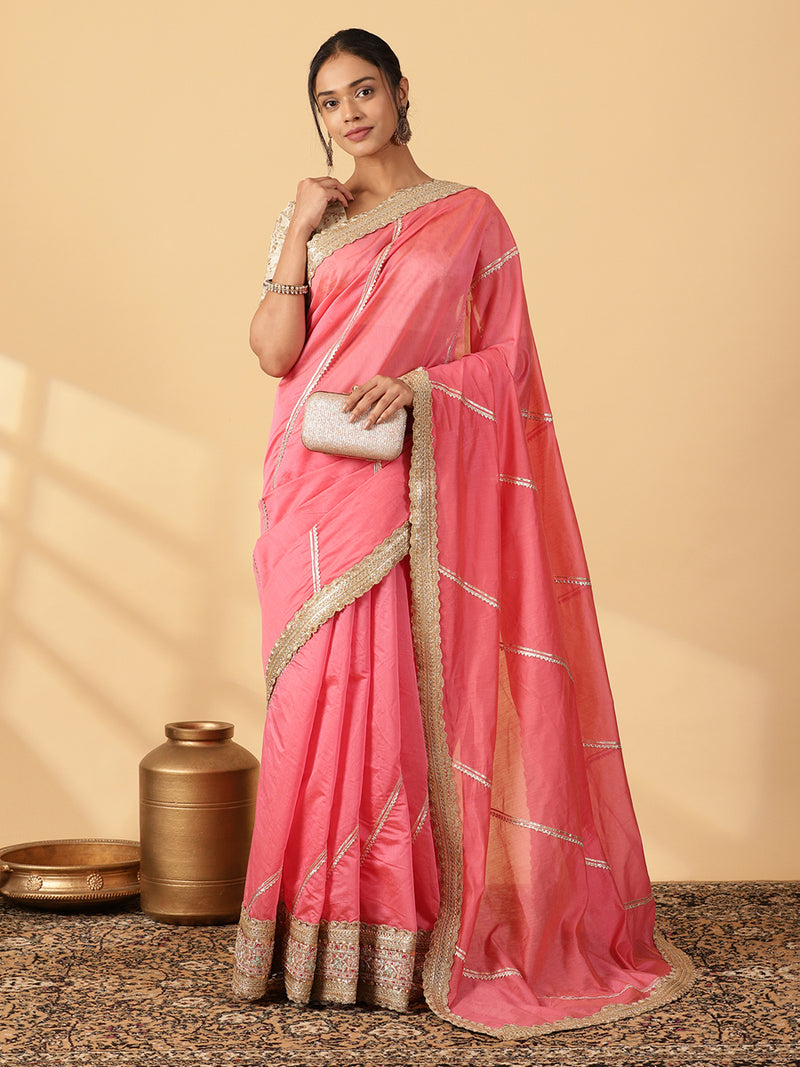 Rose Pink Chandheri Heritage Gota Work Saree With Designer Embroidered Lace Work-Binks