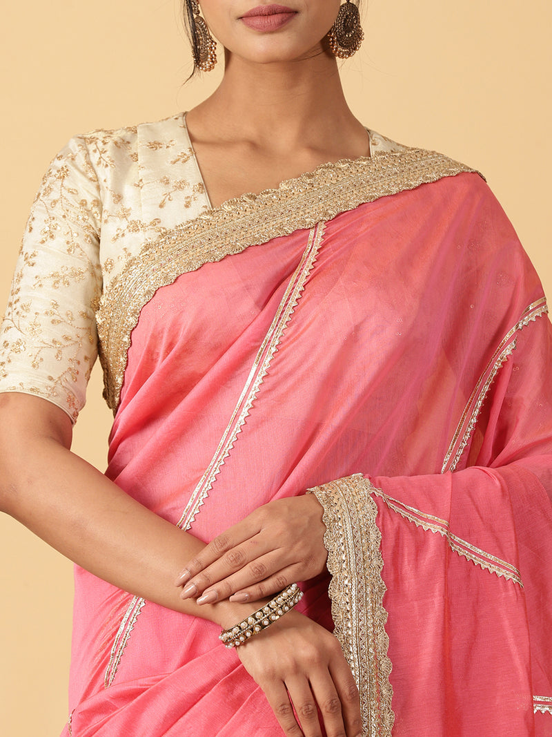 Rose Pink Chandheri Heritage Gota Work Saree With Designer Embroidered Lace Work-Binks