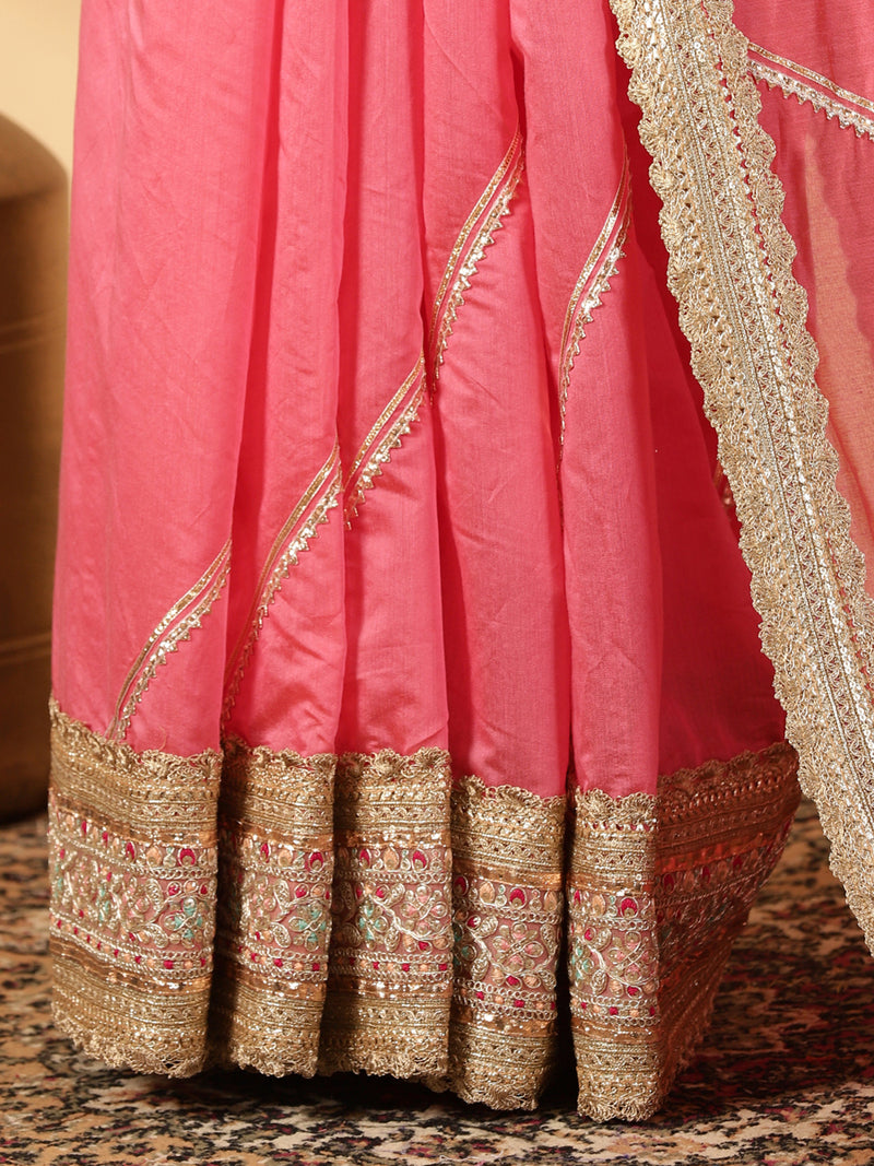 Rose Pink Chandheri Heritage Gota Work Saree With Designer Embroidered Lace Work-Binks