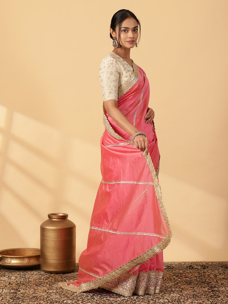 Rose Pink Chandheri Heritage Gota Work Saree With Designer Embroidered Lace Work-Binks
