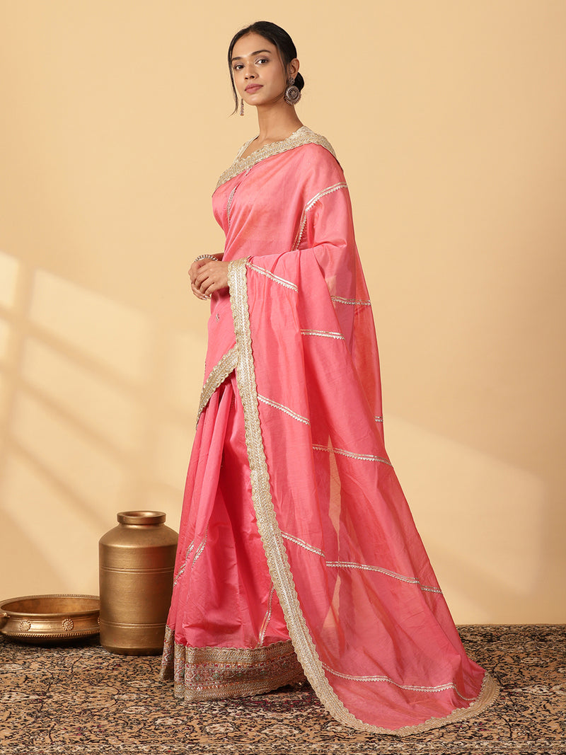 Rose Pink Chandheri Heritage Gota Work Saree With Designer Embroidered Lace Work-Binks