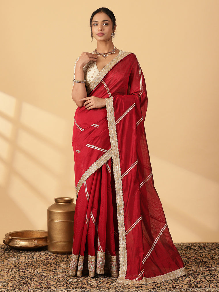 Velvet Red Chandheri Heritage Gota Work Saree With Designer Embroidered Lace Work, in Red Chandheri.