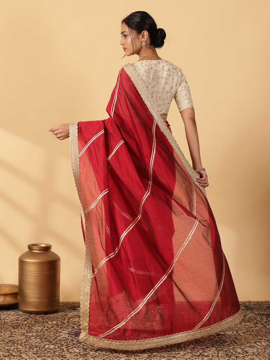 Velvet Red Chandheri Heritage Gota Work Saree With Designer Embroidered Lace Work, in Red Chandheri (view 2).