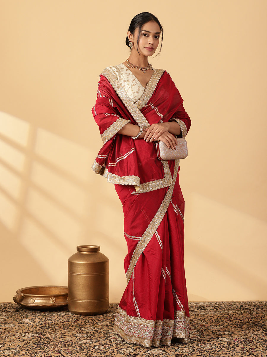 Velvet Red Chandheri Heritage Gota Work Saree With Designer Embroidered Lace Work, in Red Chandheri (view 3).