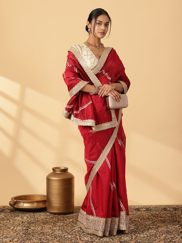 Velvet Red Chandheri Heritage Gota Work Saree With Designer Embroidered Lace Work, in Red Chandheri (view 3).