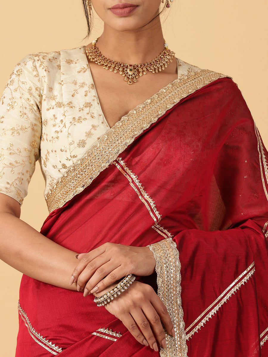 Velvet Red Chandheri Heritage Gota Work Saree With Designer Embroidered Lace Work, in Red Chandheri (view 4).
