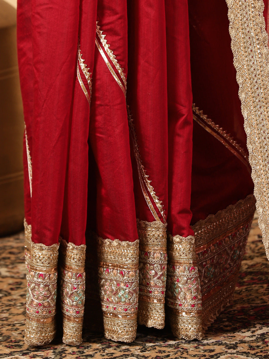 Velvet Red Chandheri Heritage Gota Work Saree With Designer Embroidered Lace Work, in Red Chandheri (view 5).