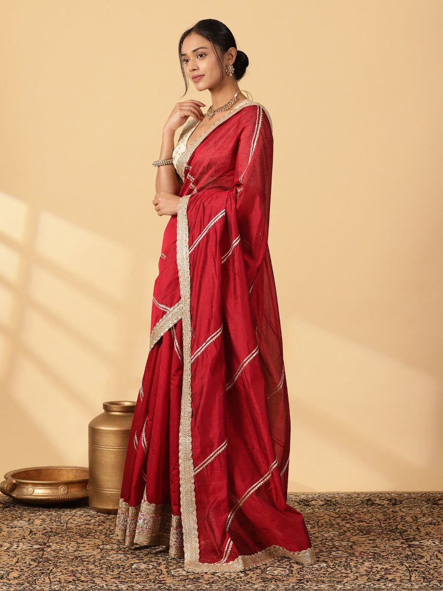 Velvet Red Chandheri Heritage Gota Work Saree With Designer Embroidered Lace Work, in Red Chandheri (view 8).
