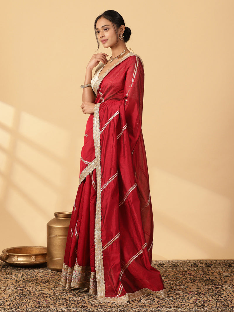 Velvet Red Chandheri Heritage Gota Work Saree With Designer Embroidered Lace Work-Binks