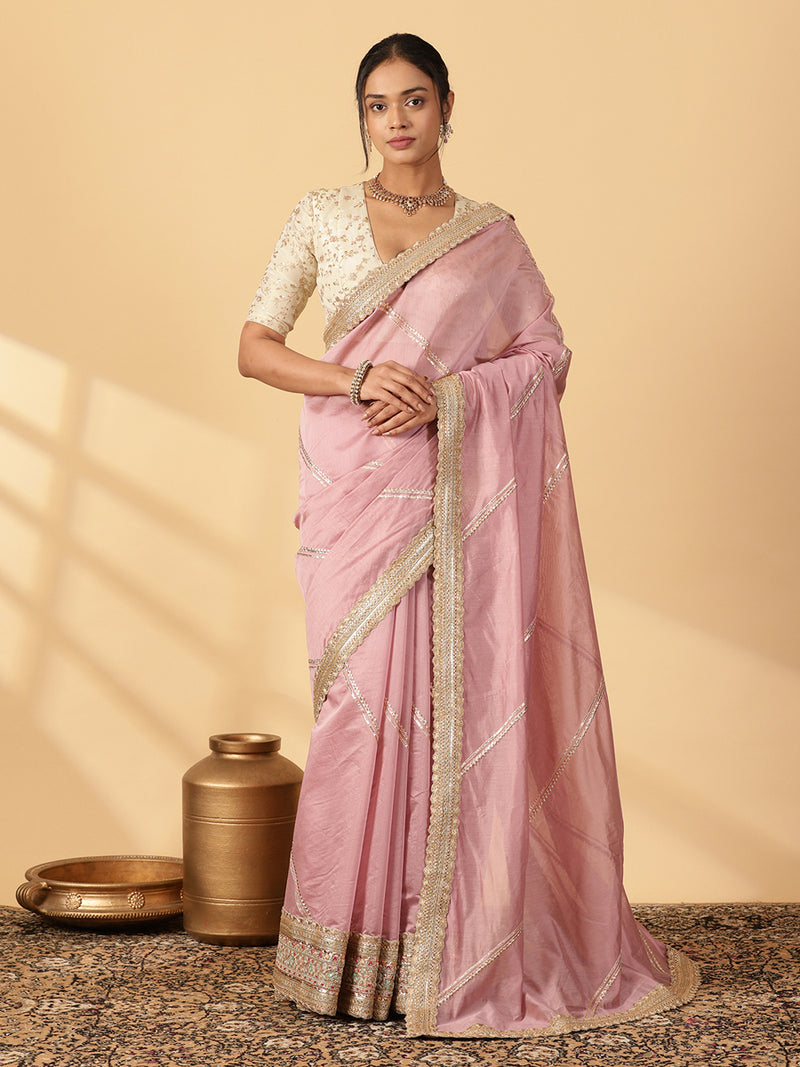 Sea Pink Chandheri Heritage Gota Work Saree With Designer Embroidered Lace Work-Binks