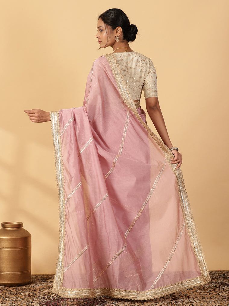 Lavender Chandheri Heritage Gota Work Saree With Designer Embroidered Lace Work, in Pink Chandheri, made for party & festive.