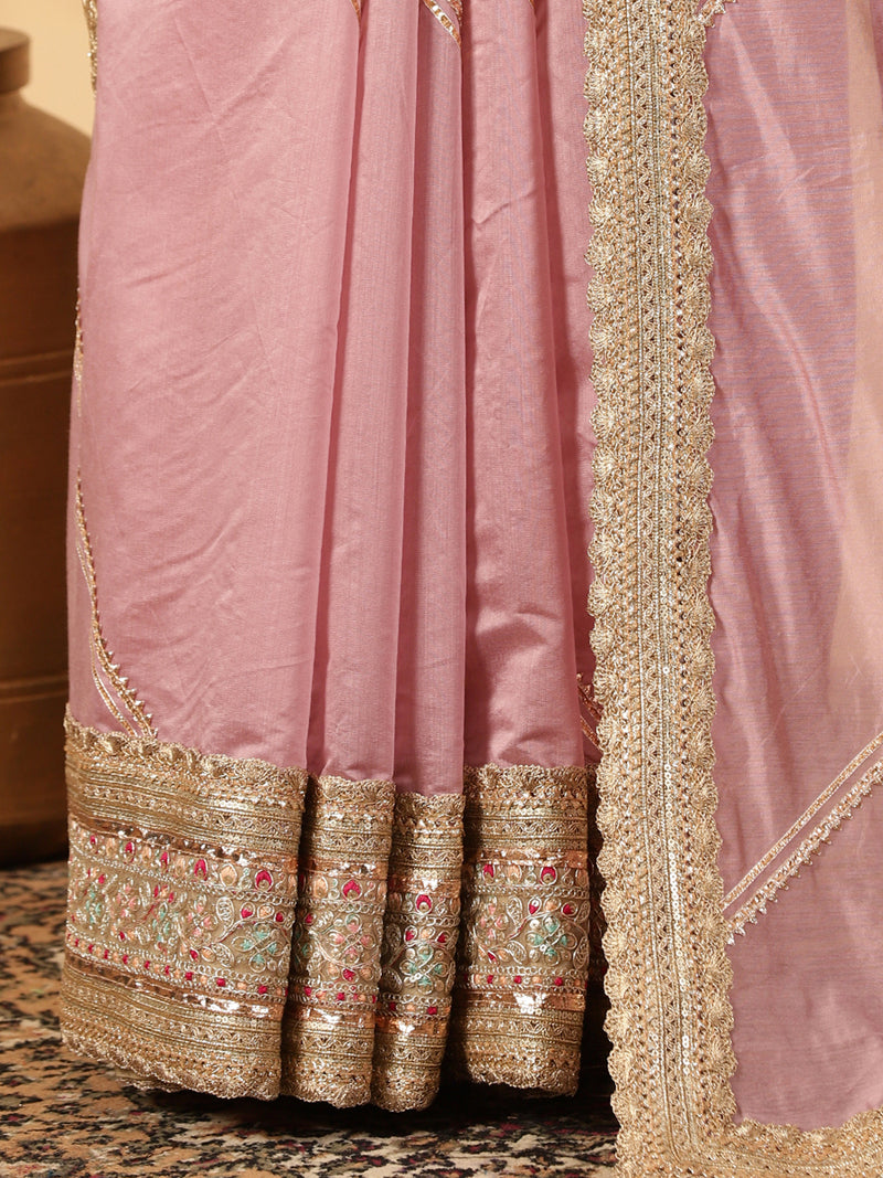 Sea Pink Chandheri Heritage Gota Work Saree With Designer Embroidered Lace Work-Binks