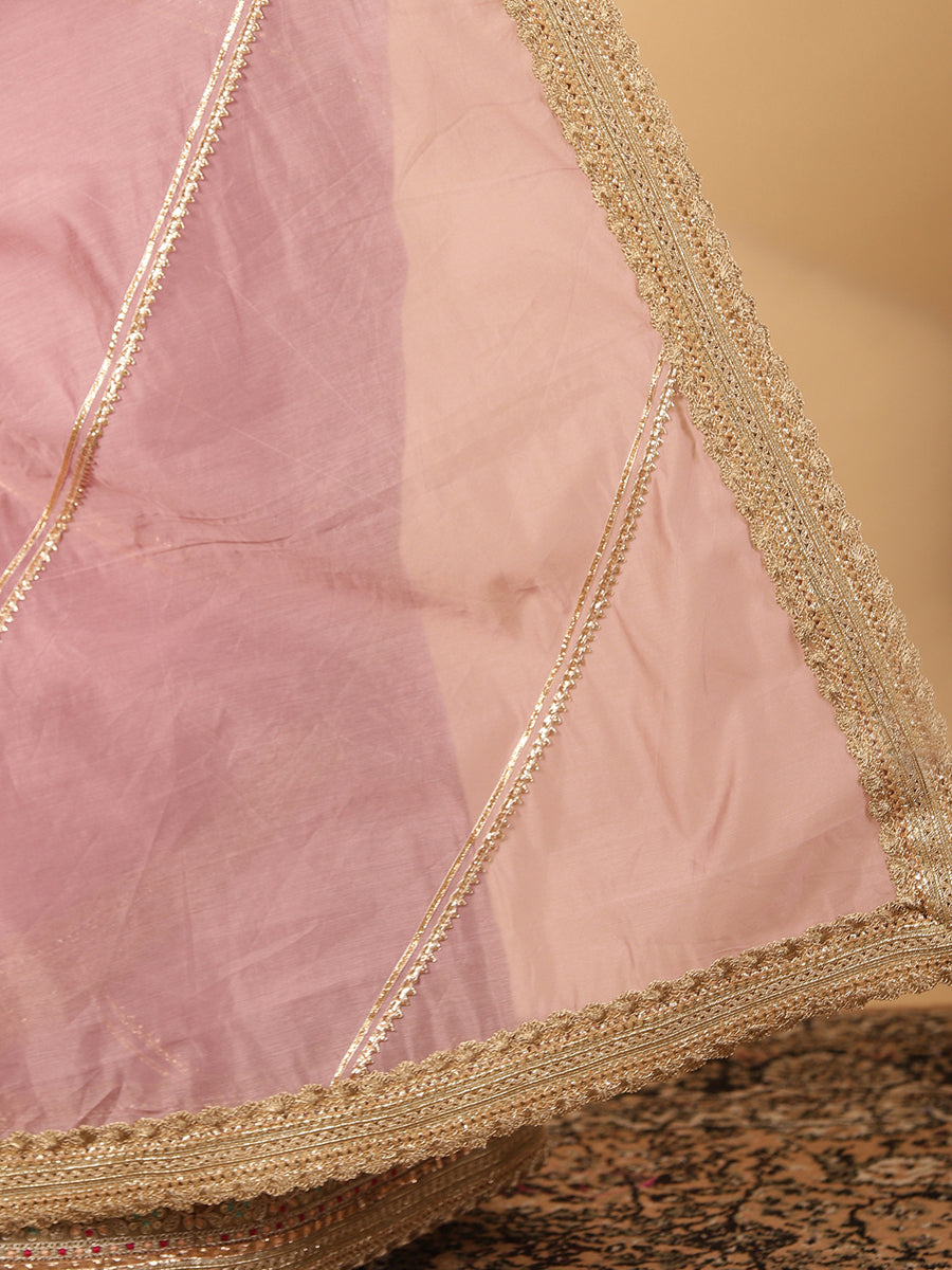 Lavender Chandheri Heritage Gota Work Saree With Designer Embroidered Lace Work, in Pink Chandheri, made for party & festive.