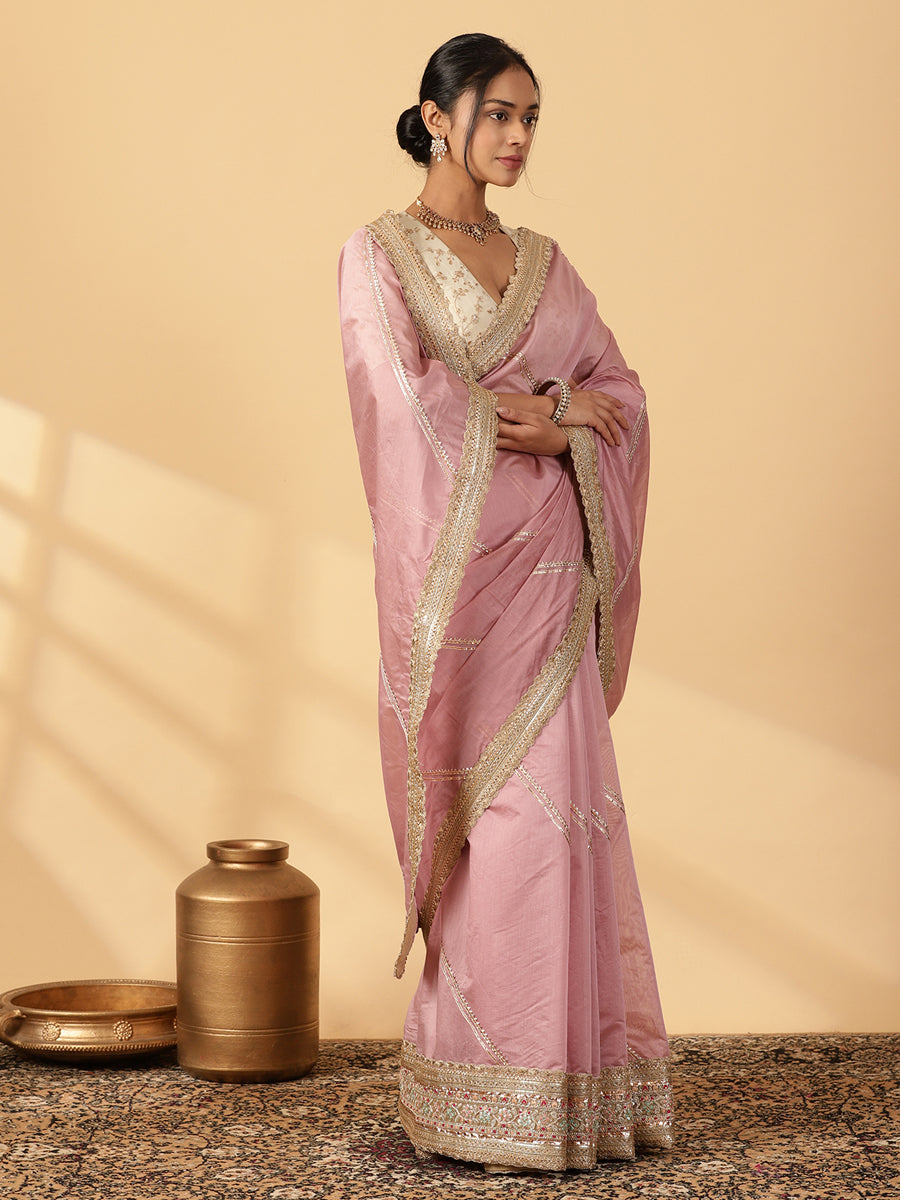 Lavender Chandheri Heritage Gota Work Saree With Designer Embroidered Lace Work, in Pink Chandheri, made for party & festive.