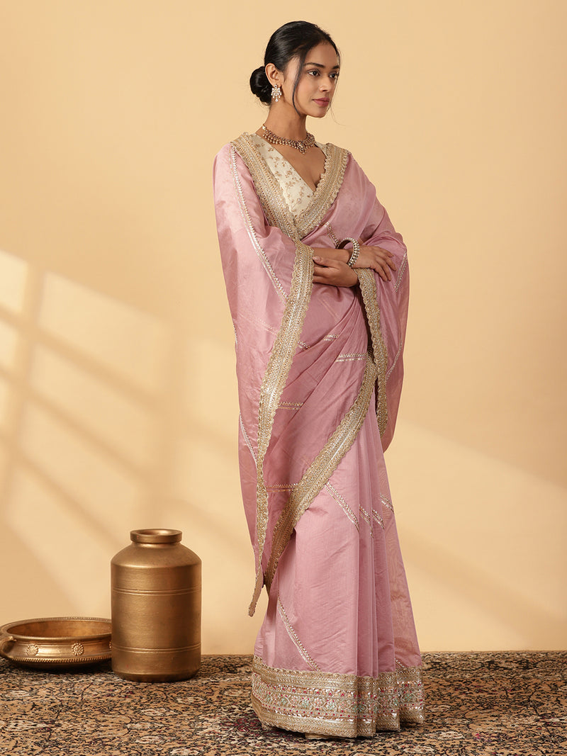 Sea Pink Chandheri Heritage Gota Work Saree With Designer Embroidered Lace Work-Binks