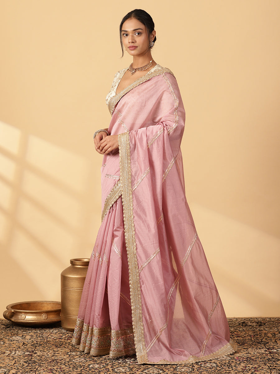 Lavender Chandheri Heritage Gota Work Saree With Designer Embroidered Lace Work, in Pink Chandheri, made for party & festive.