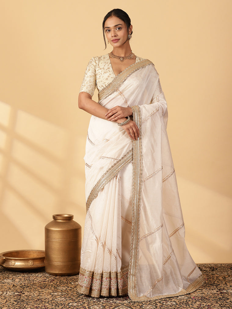 Cream Chandheri Heritage Gota Work Saree With Designer Embroidered Lace Work, in White Chandheri, made for party & festive.
