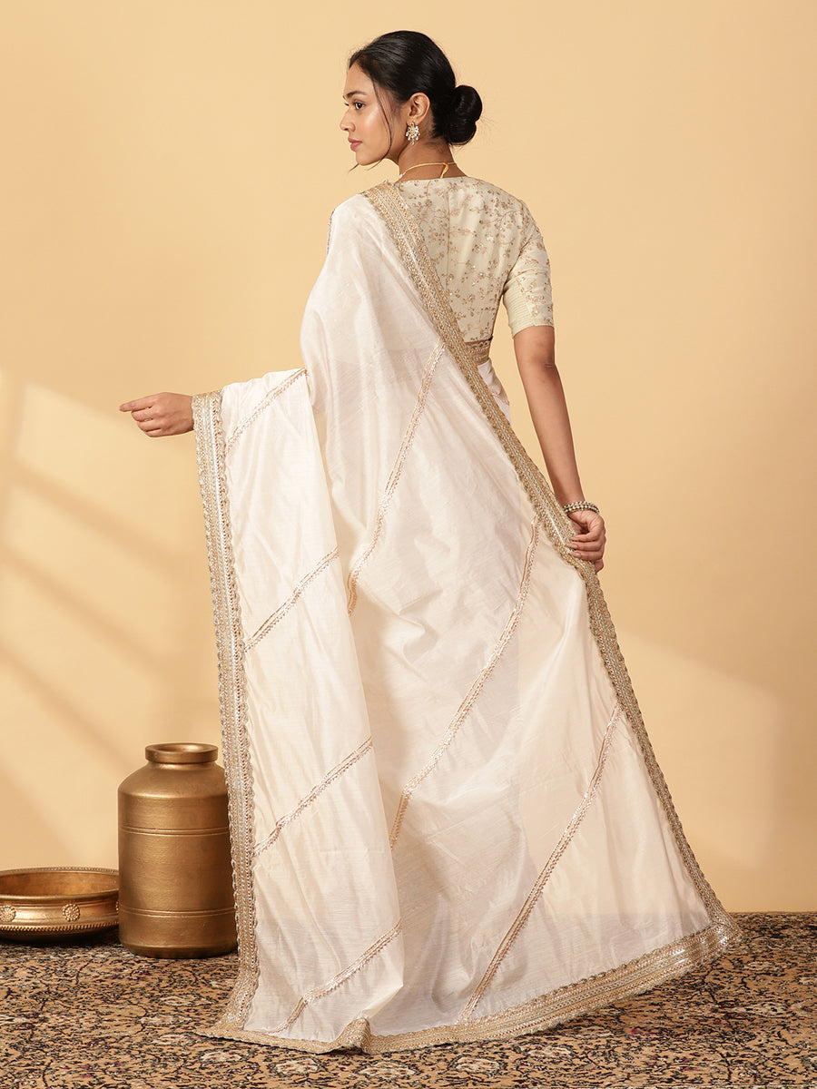Cream Chandheri Heritage Gota Work Saree With Designer Embroidered Lace Work, in White Chandheri, made for party & festive.