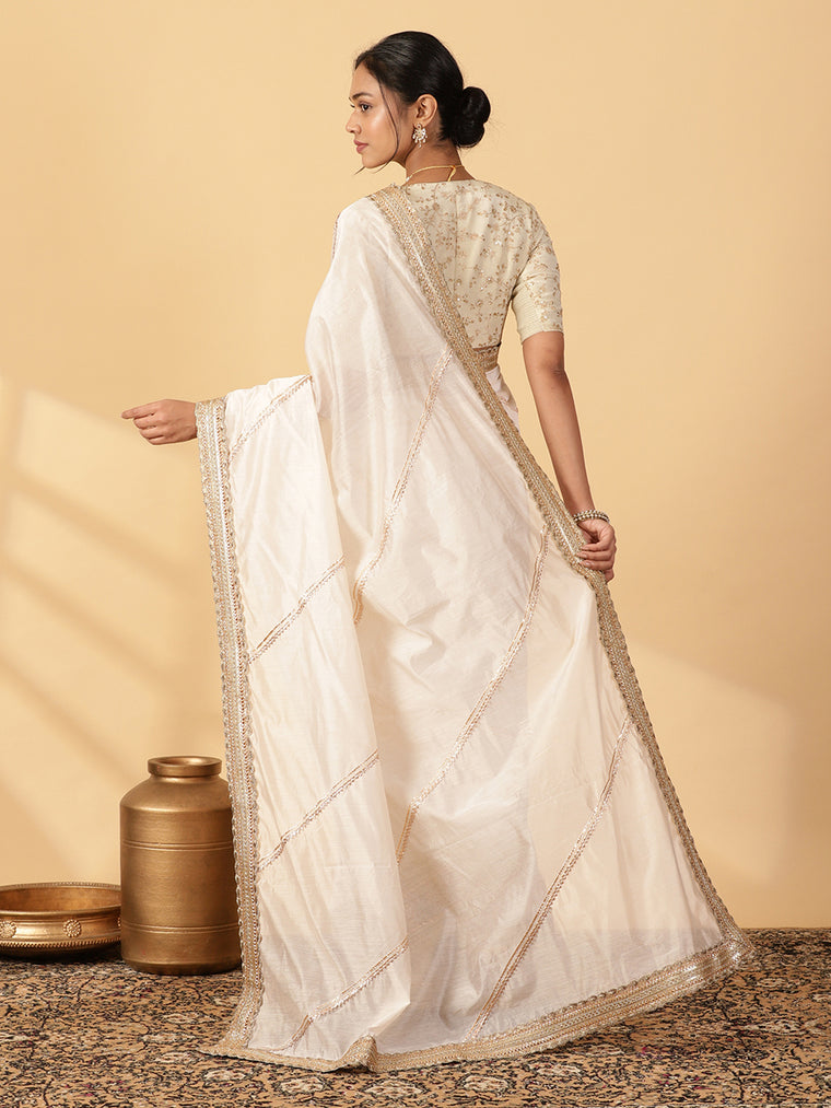 Cream Chandheri Heritage Gota Work Saree With Designer Embroidered Lace Work, in White Chandheri, made for party & festive.