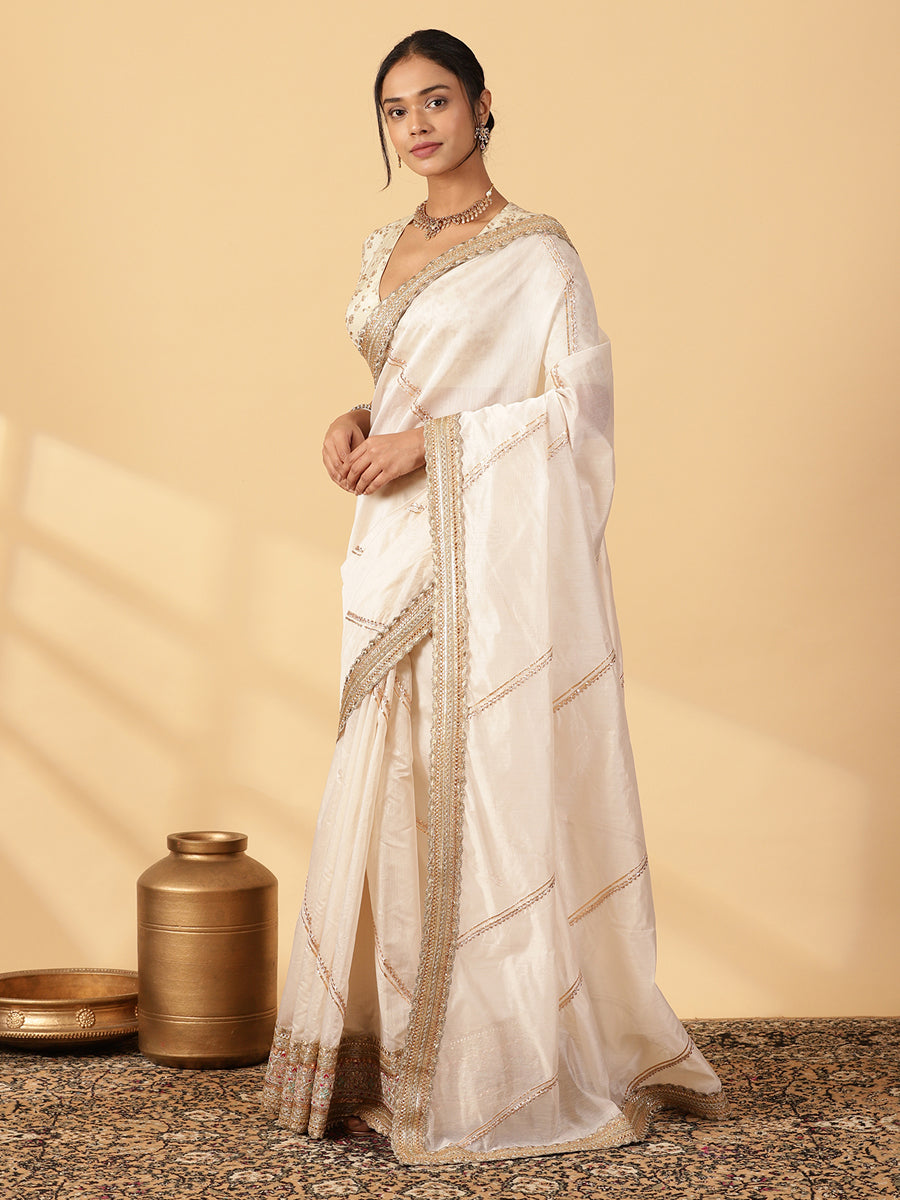 Cream Chandheri Heritage Gota Work Saree With Designer Embroidered Lace Work, in White Chandheri, made for party & festive.