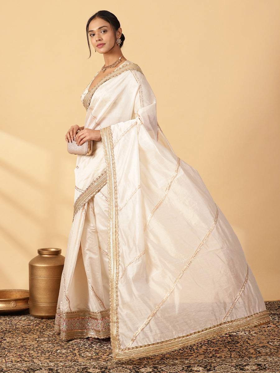 Cream Chandheri Heritage Gota Work Saree With Designer Embroidered Lace Work, in White Chandheri, made for party & festive.