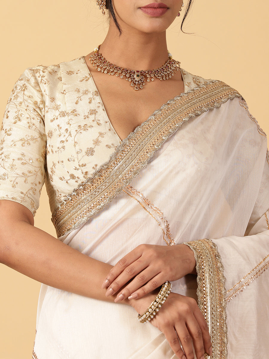 Cream Chandheri Heritage Gota Work Saree With Designer Embroidered Lace Work, in White Chandheri, made for party & festive.