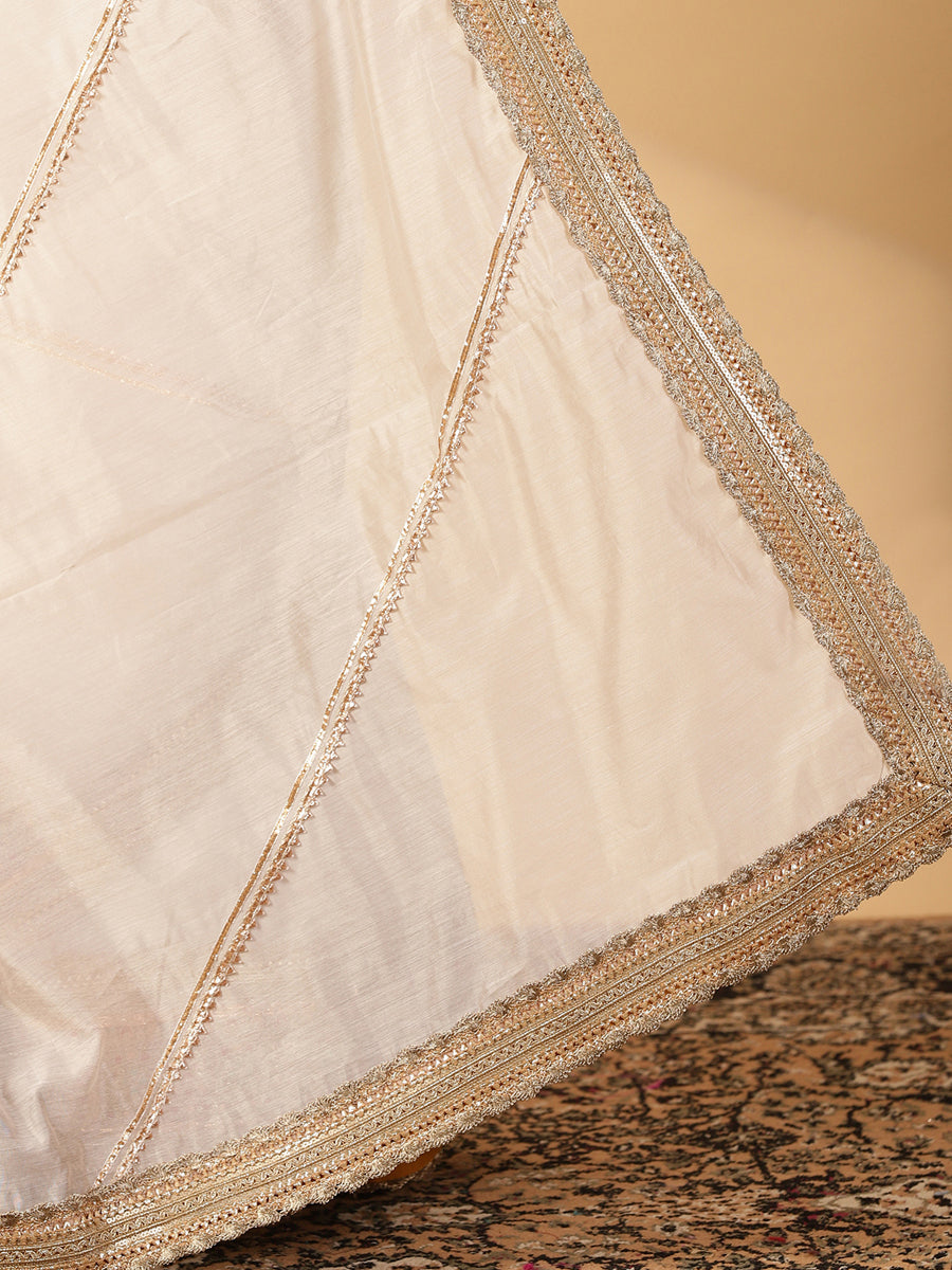 Cream Chandheri Heritage Gota Work Saree With Designer Embroidered Lace Work, in White Chandheri, made for party & festive.