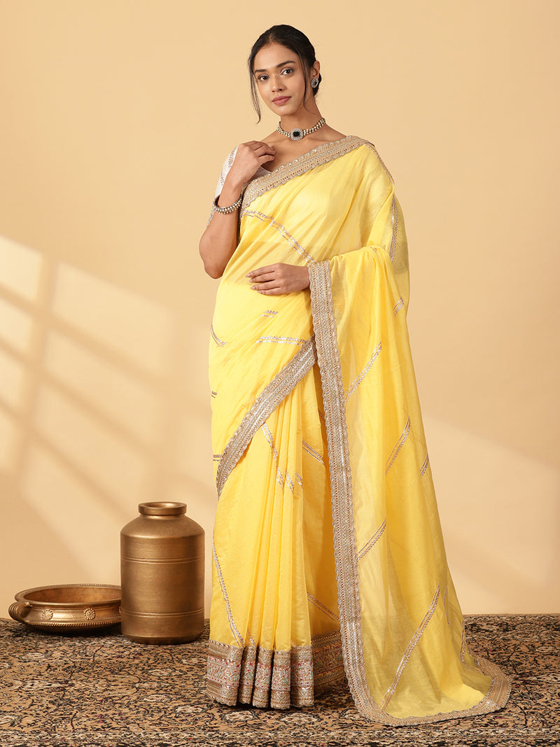 Sunny Yellow Chandheri Heritage Gota Work Saree With Designer Embroidered Lace Work-Binks