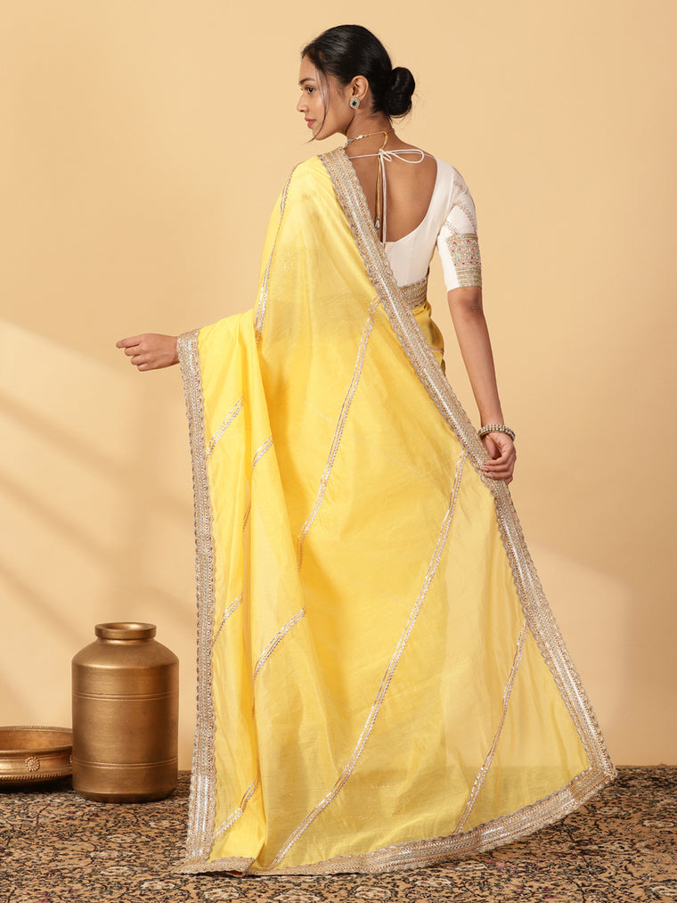 Sunny Yellow Chandheri Heritage Gota Work Saree With Designer Embroidered Lace Work, in Yellow Chandheri (view 2).