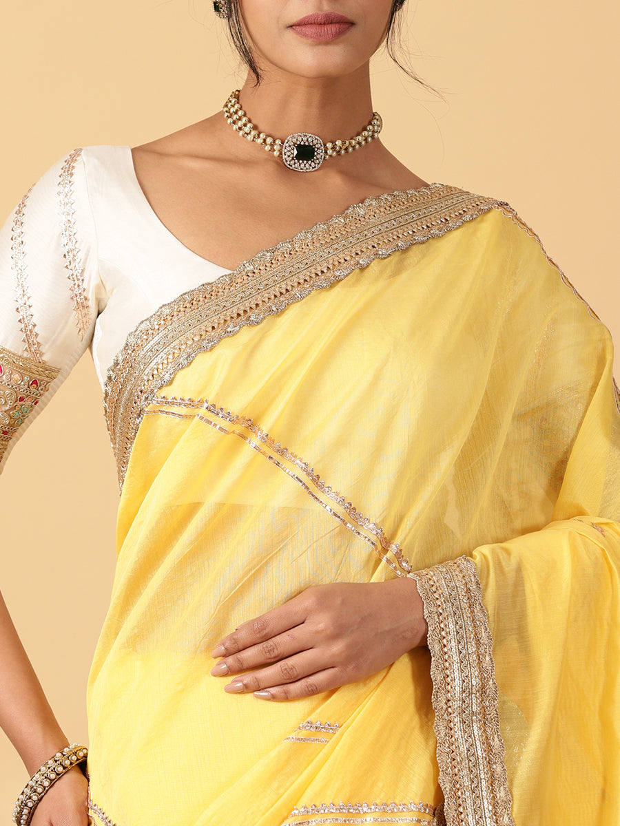 Sunny Yellow Chandheri Heritage Gota Work Saree With Designer Embroidered Lace Work, in Yellow Chandheri (view 4).