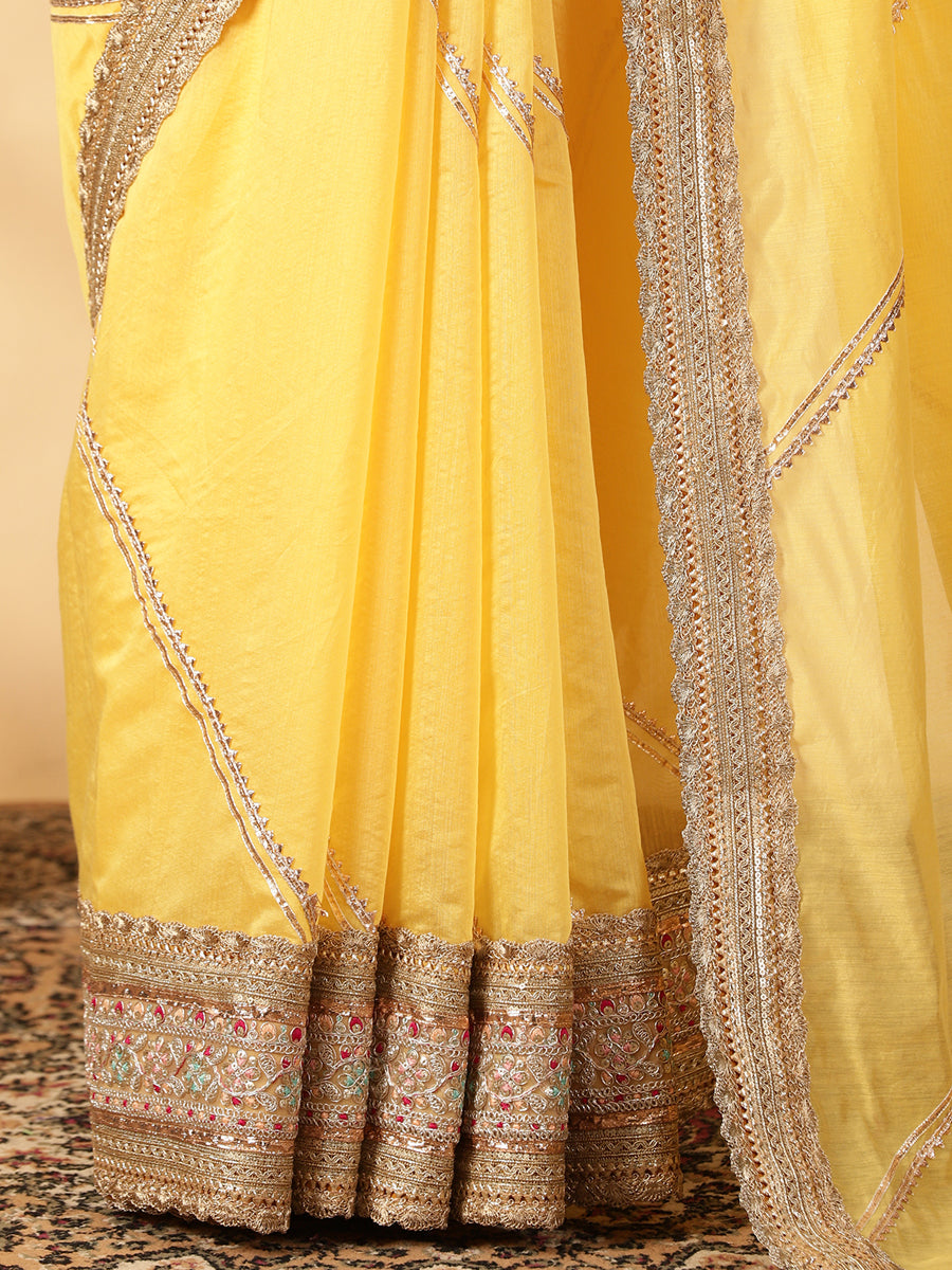 Sunny Yellow Chandheri Heritage Gota Work Saree With Designer Embroidered Lace Work, in Yellow Chandheri (view 5).