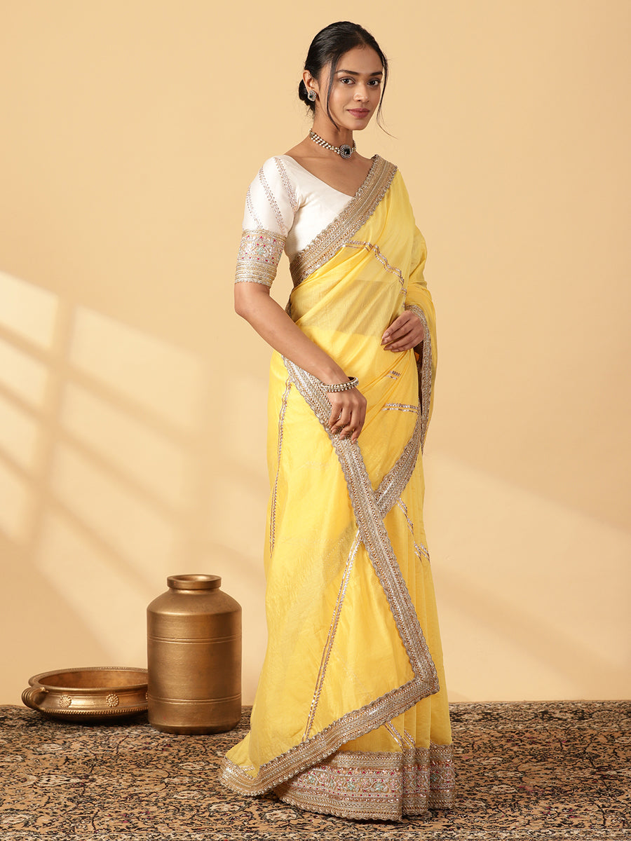 Sunny Yellow Chandheri Heritage Gota Work Saree With Designer Embroidered Lace Work, in Yellow Chandheri (view 7).