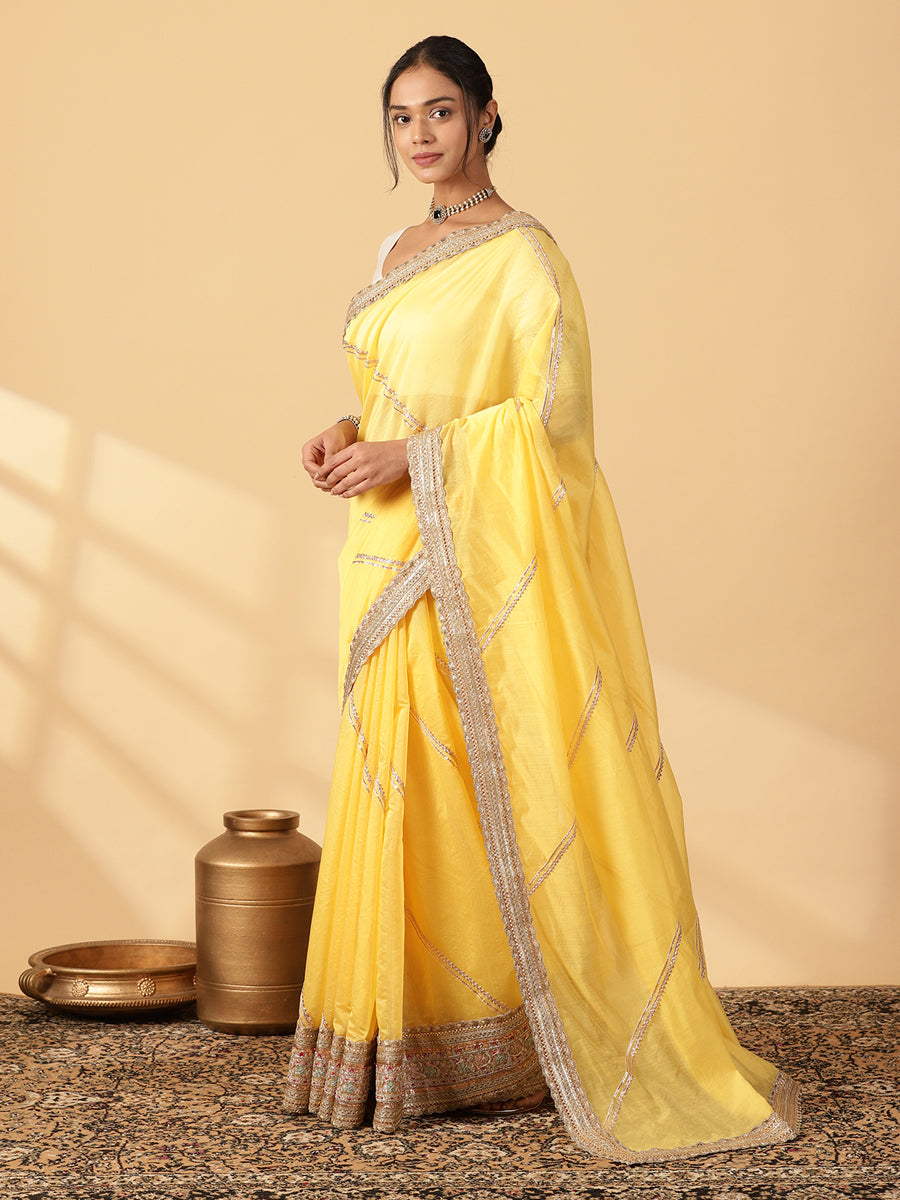 Sunny Yellow Chandheri Heritage Gota Work Saree With Designer Embroidered Lace Work, in Yellow Chandheri (view 8).