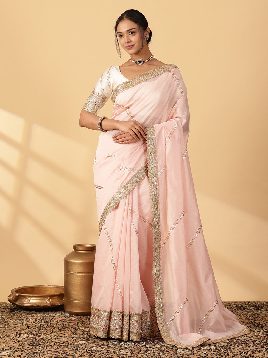 Baby Pink Chandheri Heritage Gota Work Saree With Designer Embroidered Lace Work