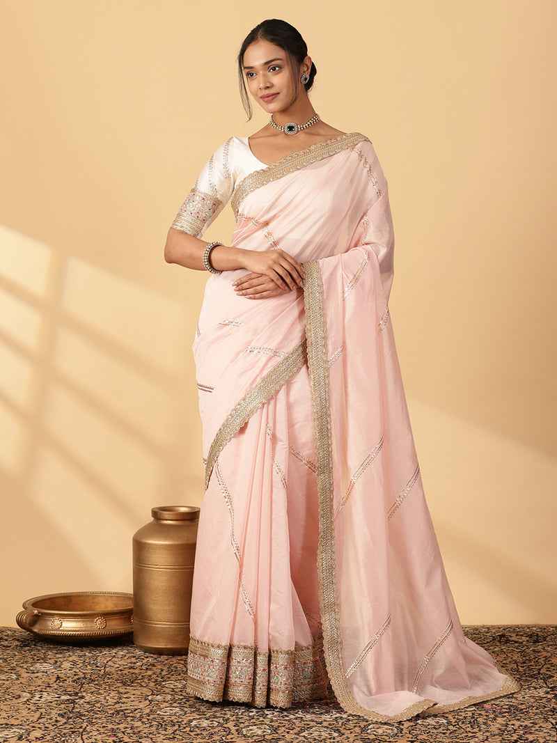 Baby Pink Chandheri Heritage Gota Work Saree With Designer Embroidered Lace Work-Binks