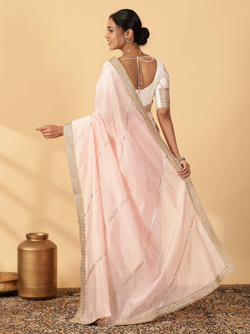 Baby Pink Chandheri Heritage Gota Work Saree With Designer Embroidered Lace Work-Binks