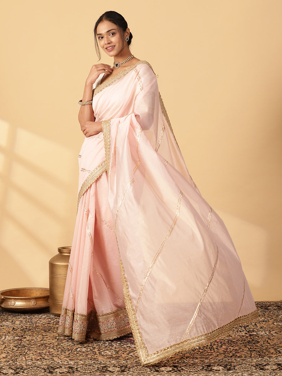 Baby Pink Chandheri Heritage Gota Work Saree With Designer Embroidered Lace Work, in Pink Chandheri (view 3).