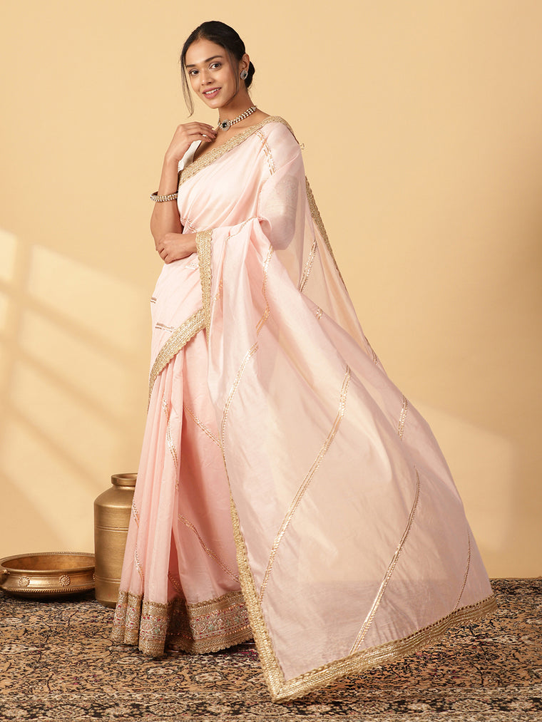 Baby Pink Chandheri Heritage Gota Work Saree With Designer Embroidered Lace Work, in Pink Chandheri (view 3).