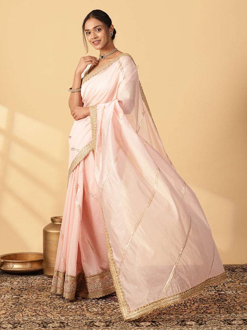Baby Pink Chandheri Heritage Gota Work Saree With Designer Embroidered Lace Work-Binks