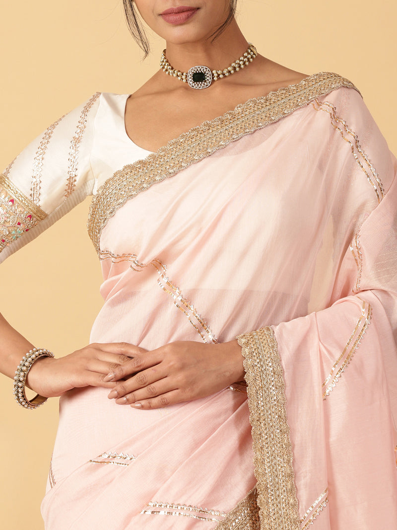 Baby Pink Chandheri Heritage Gota Work Saree With Designer Embroidered Lace Work-Binks