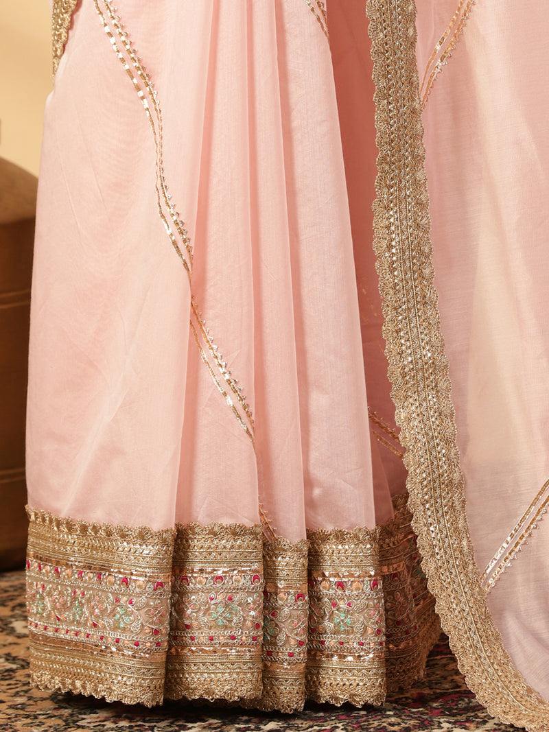 Baby Pink Chandheri Heritage Gota Work Saree With Designer Embroidered Lace Work-Binks