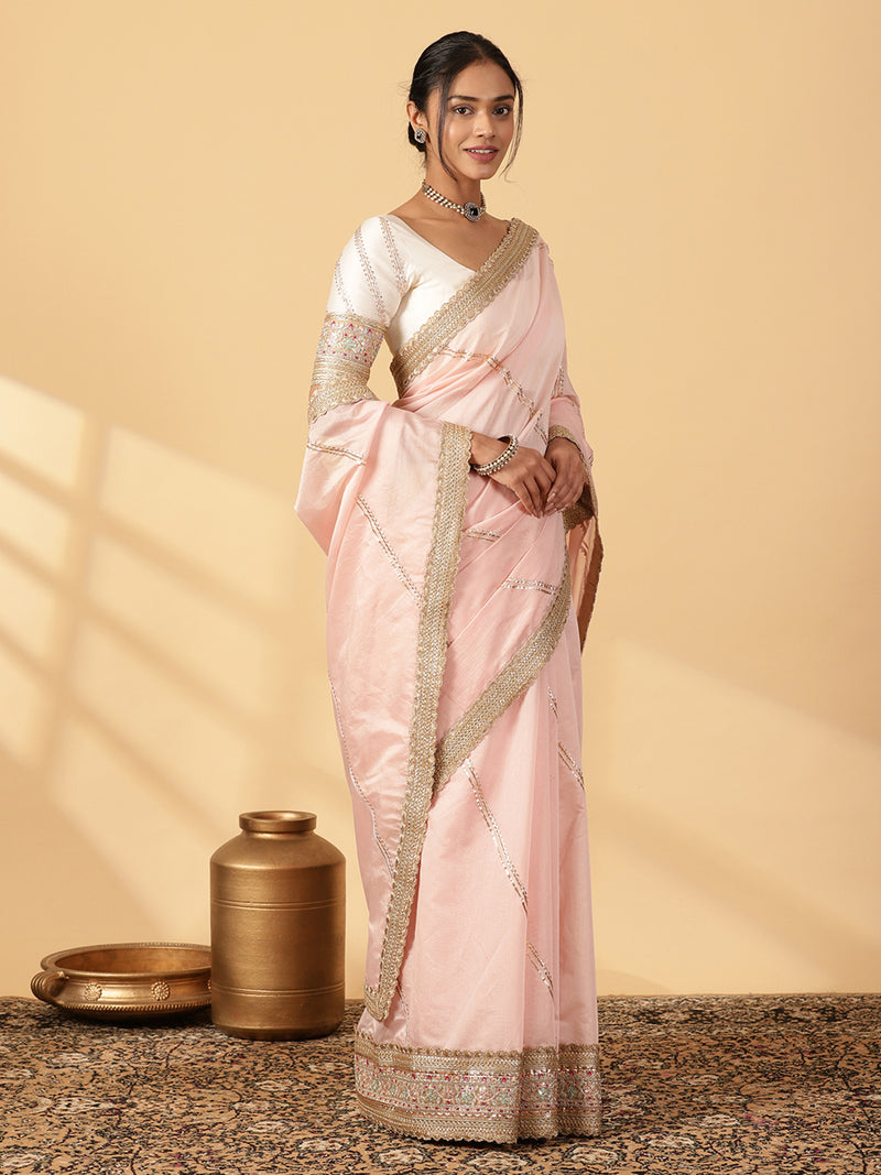 Baby Pink Chandheri Heritage Gota Work Saree With Designer Embroidered Lace Work-Binks