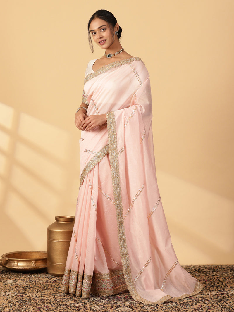 Baby Pink Chandheri Heritage Gota Work Saree With Designer Embroidered Lace Work-Binks