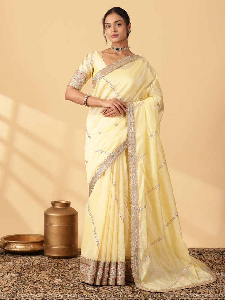 Lemon Yellow Chandheri Heritage Gota Work Saree With Designer Embroidered Lace Work, in Yellow Chandheri.