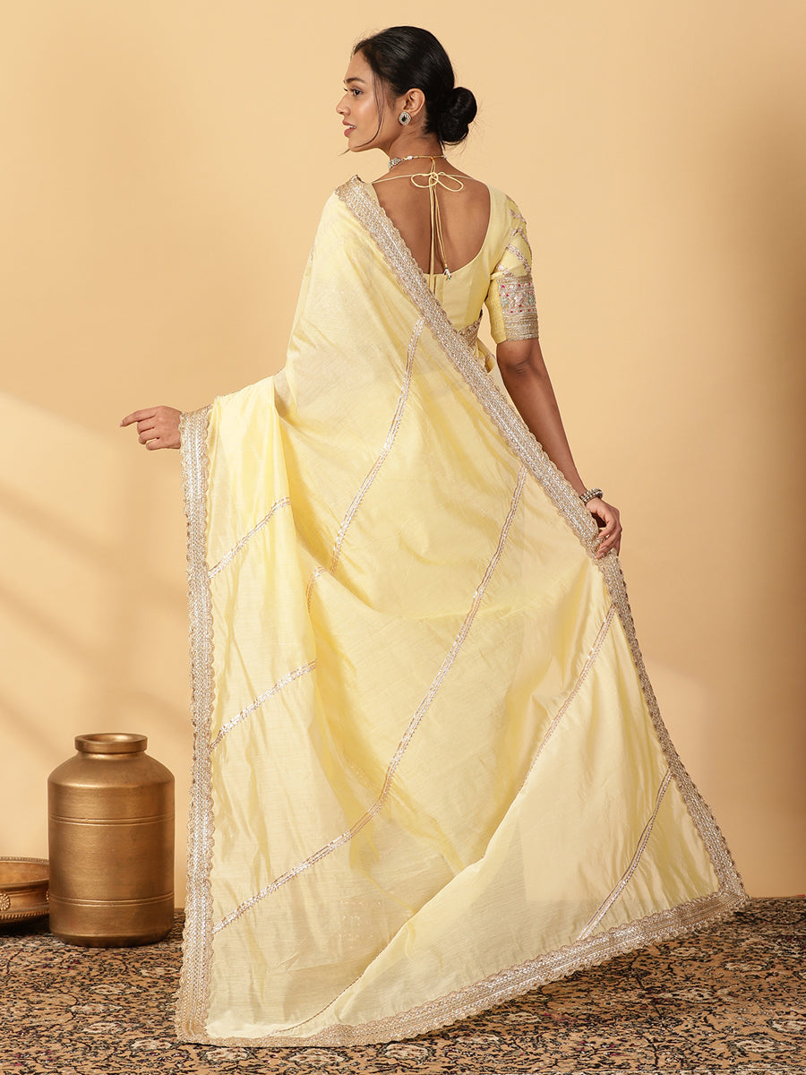 Lemon Yellow Chandheri Heritage Gota Work Saree With Designer Embroidered Lace Work, in Yellow Chandheri (view 2).