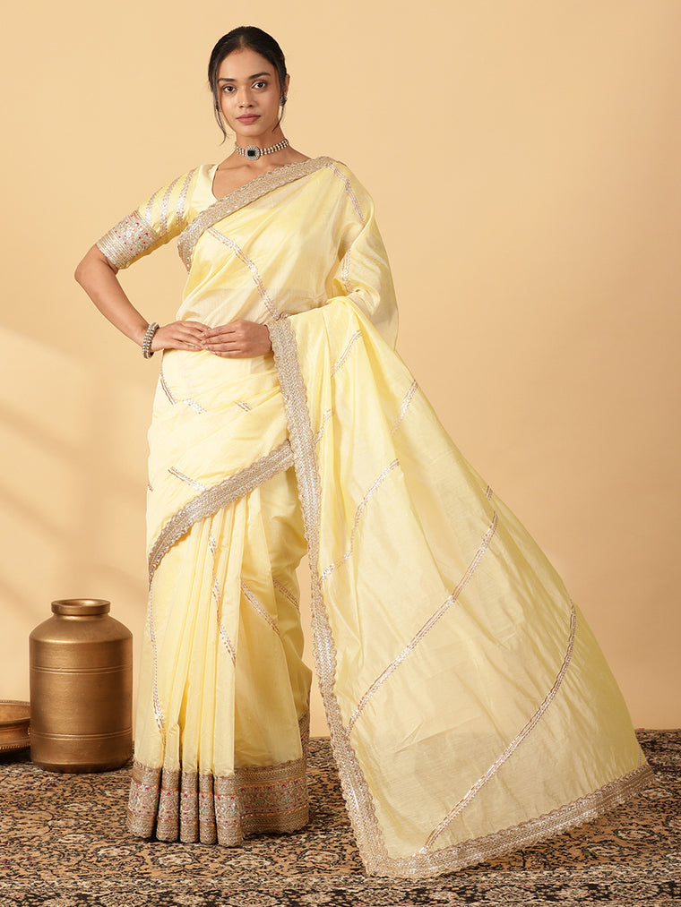 Lemon Yellow Chandheri Heritage Gota Work Saree With Designer Embroidered Lace Work, in Yellow Chandheri (view 3).